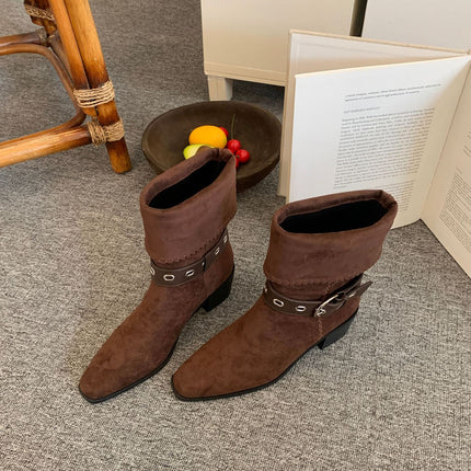 Knight Boots Women's 2025 Autumn and Winter New Retro Suede Northwest Wind Cowboy Boots Square Toe Thick Heel Medium Heel Travel Short Boots