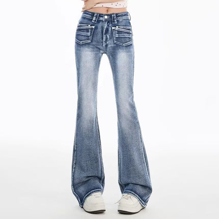 Light Blue Washed Low-Waist Flared Jeans for Women, 2025 Spring New Design, Stylish Slim-Fit Bootcut Pants