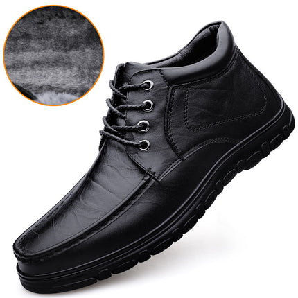 Autumn Front Lace-up Sleeve Casual Leather Shoes Men's Low-top Korean-style Black Round Toe Flat Heel Solid Color Top Layer Cowhide Tooling
