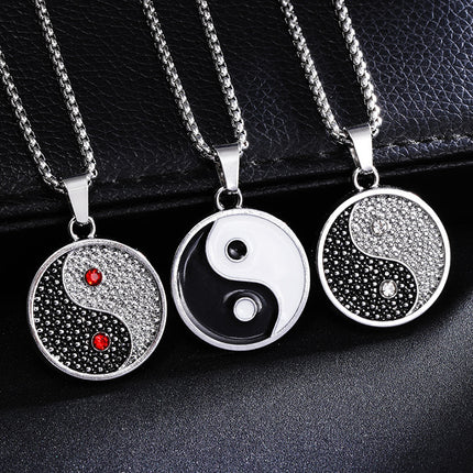 European and American Retro Diamond-encrusted Tai Chi Yin and Yang Transport Pendant Necklace Personalized Woolen Chain Fashionable Pendant Stainless Steel Accessories