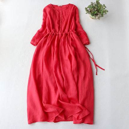 Vintage Cotton Linen Lace-up Waist Slimming Half-sleeve Dress Women's Round Neck Elegant Organ Pleated Elegant Fairy Skirt