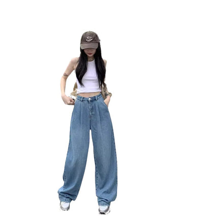 American Retro Distressed High-Waisted Straight Jeans for Women 2024 Spring and Autum New Fashion Versatile Loose Floor-Length
