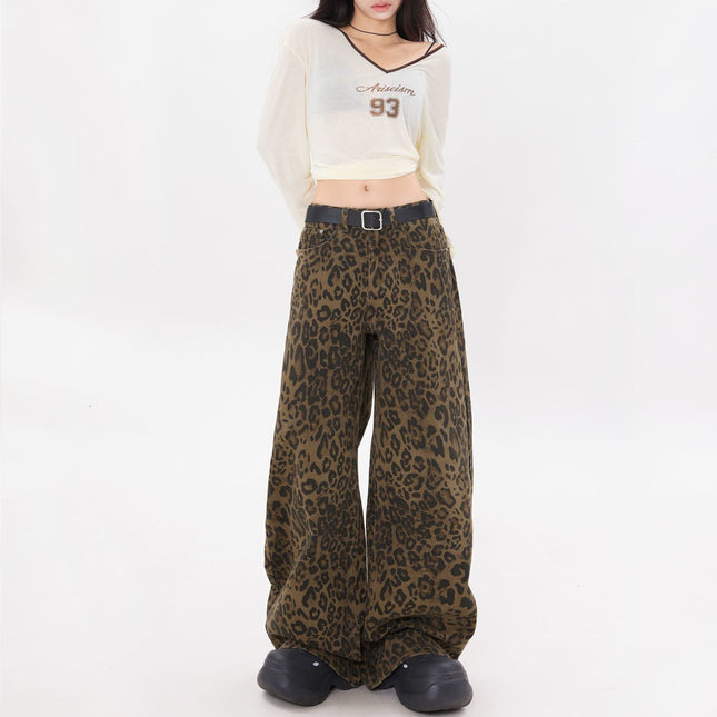 Street Style New High-Waisted Slimming Coffee Brown Leopard Print Pants 2025 Design Wide-Leg Jeans Trendy Women's Fashion