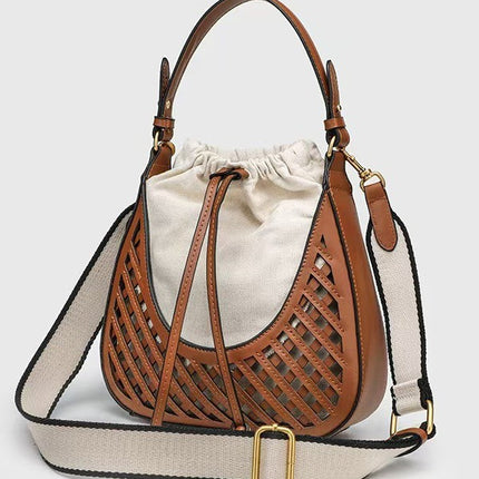 Z Brand Women's Bag 2025 Dark Brown Woven Hollow-Out Bucket Bag Single Shoulder Crossbody Bag European and American Retro Style