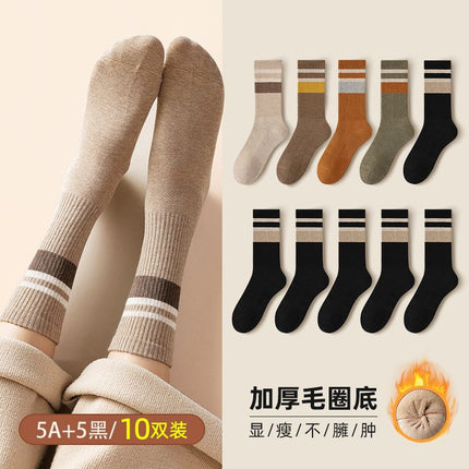Socks Women's Autumn and Winter Mid-length Socks fleece-lined Thickened Warm terry Towel Bottom Cotton Socks High-tube Fashionable Women's Stockings