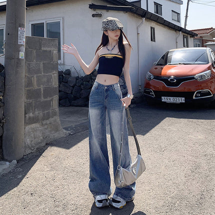 Vintage Blue Narrow Wide-Leg Jeans for Women 2025 Summer New High-Waisted Loose Slimming Draped Straight-Leg Floor-Length Pants