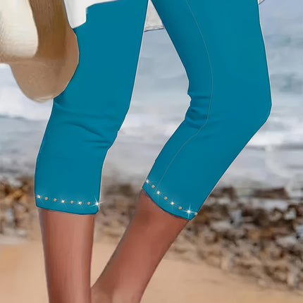 Plus Size Rhinestone Decor Capri Leggings - Casual, High-Waisted