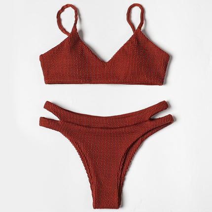 Billion Swimming 2024 New Solid Color Wave Rib Hollow Sexy Bikini Split Women's Cross-border Swimsuit