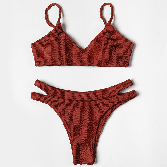 Billion Swimming 2024 New Solid Color Wave Rib Hollow Sexy Bikini Split Women's Cross-border Swimsuit