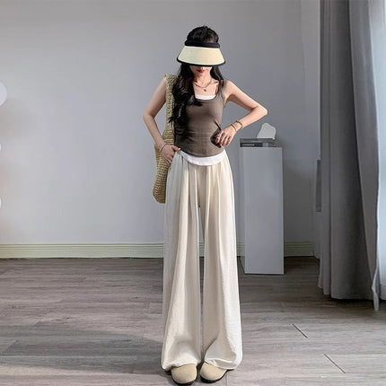 Plus-Size Textured Wide-Leg Pants for Women, Summer High-Waisted Drapey Loose Casual Straight-Leg Pants