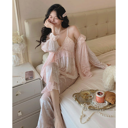 [Bric velvet] three-piece autumn and winter new lace court style pajamas suspenders long sleeve sweet home clothes velvet