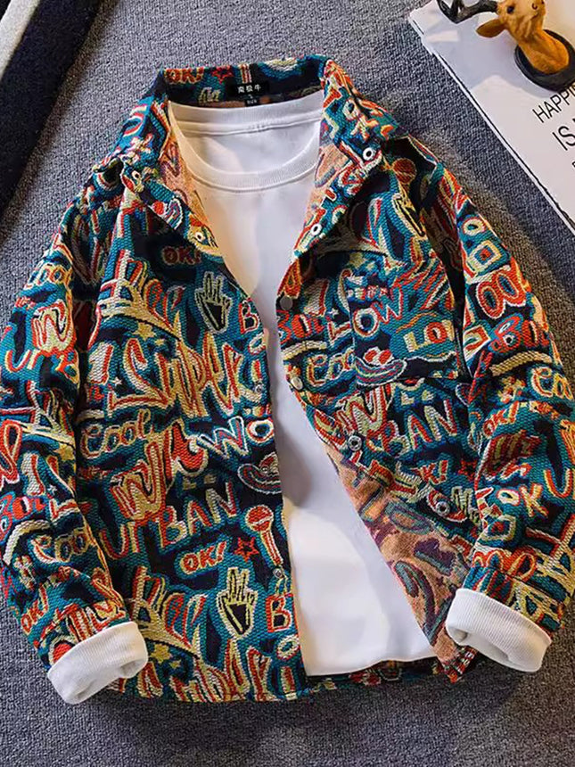 Vintage Ethnic Style Woven Jacket Men's Autumn Jacket Men's High-end Sense Handsome Lapel Shirt Home Figure# XXF035