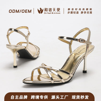 New Summer One-Line Buckle Cross Pointed Toe Elegant High-Heeled Sandals French Stiletto Simple and Versatile Women's Shoes