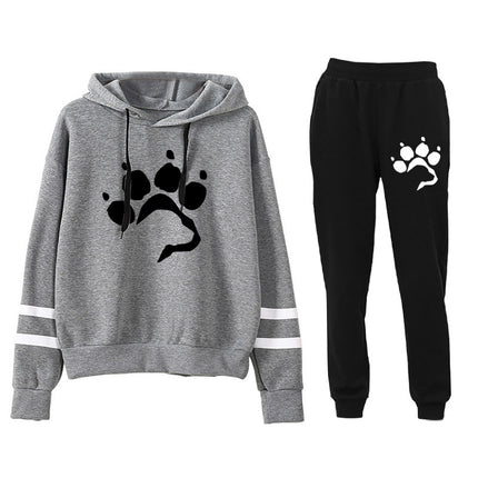 AliExpress Amazon Cross-border Love Dog Foot Print Parallel Bars Striped Print Hooded Sweatshirt suit Ladies