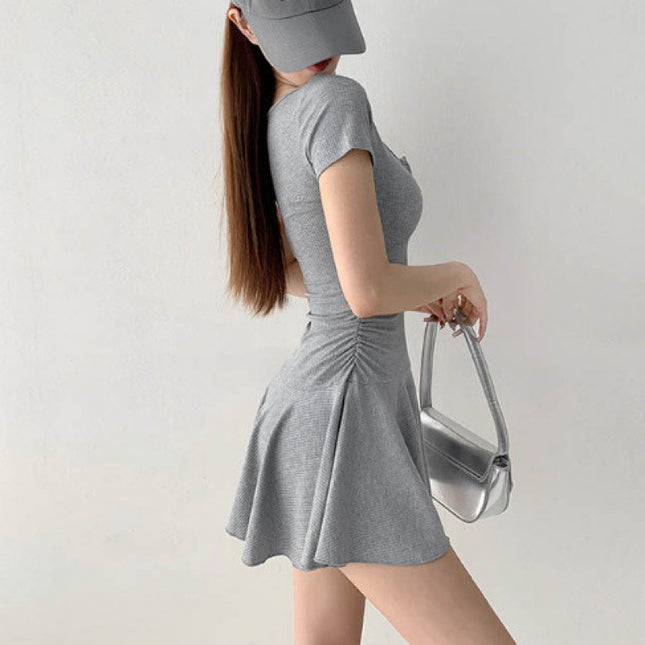 Pure Desire Waist Pleated Skirt Short Sleeve Dress High Waist Bottoming Shorts Two-Piece Set