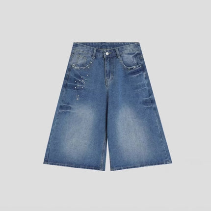 American Retro Washed Distressed Lightning Pattern Cropped Denim Shorts for Women Summer New Loose Straight Wide-Leg Mid-Pants