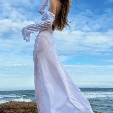 Hot Girl Sexy Backless See-Through Vacation Blouse Skirt Women's New Summer Seaside Bikini with Long-Sleeved One-Piece Swimsuit