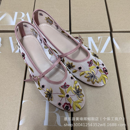 Za Spanish Round-Toe Mesh Green Floral Embroidered Mesh Fabric Ballet Flats Women's Shoes European and American Style