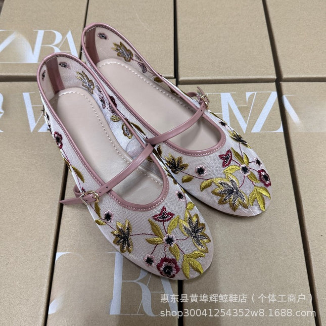 Za Spanish Round-Toe Mesh Green Floral Embroidered Mesh Fabric Ballet Flats Women's Shoes European and American Style