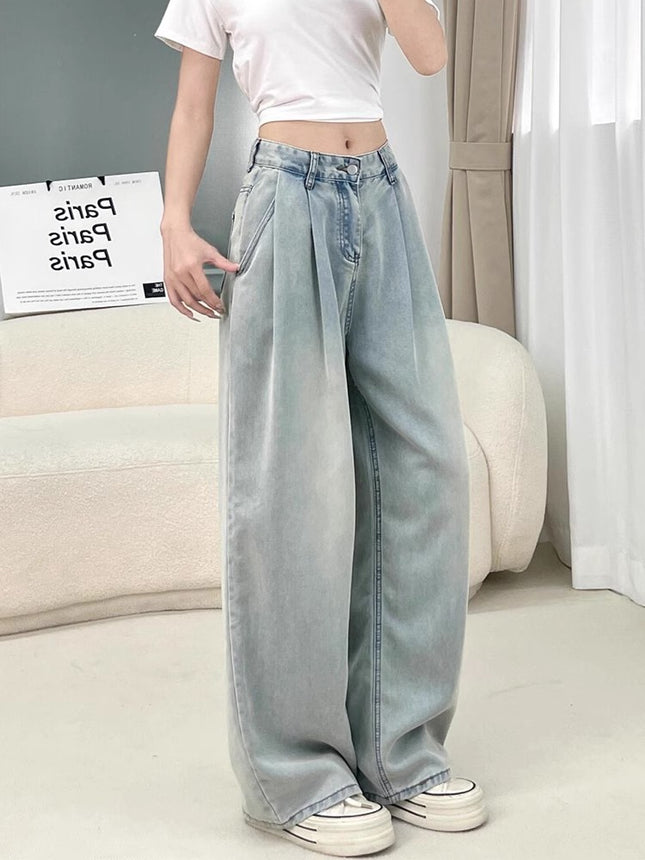 Women's Summer Thin High-Waisted Loose Drape Slimming Versatile Light-Colored Straight-Leg Jeans