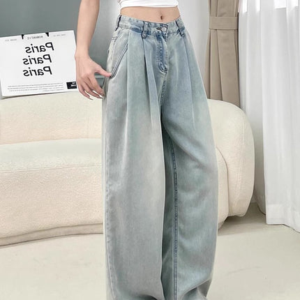 Women's Summer Thin High-Waisted Loose Drape Slimming Versatile Light-Colored Straight-Leg Jeans