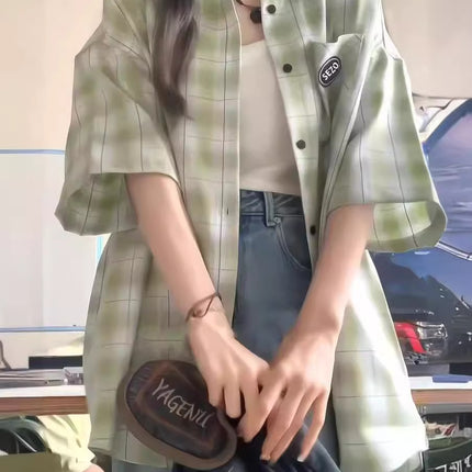 Green Plaid Short Sleeve Shirt Women's Summer New Shirt Jacket Design Sense Niche Shirt Factory Wholesale Foreign Trade