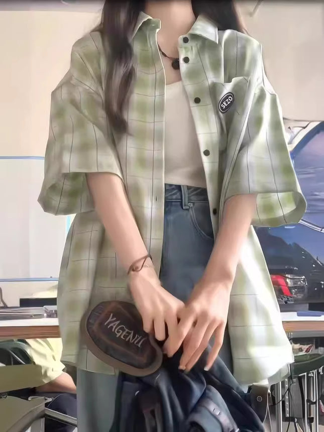 Green Plaid Short Sleeve Shirt Women's Summer New Shirt Jacket Design Sense Niche Shirt Factory Wholesale Foreign Trade