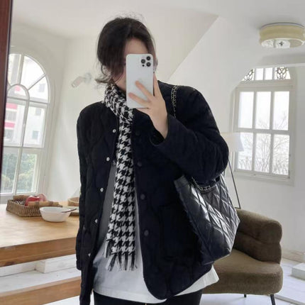 2025 Collarless Lamb Wool Spliced Diamond Plaid Winter K-Style Loose Small Fragrance Style Warm Cotton Coat Women's Cold Protection