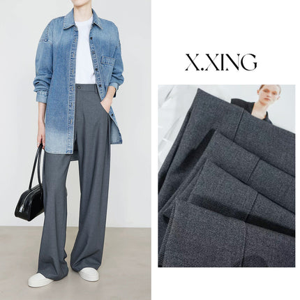 Casual Extended Version Tencel Wool Suit Pants for Women 2025 Autumn New Slimming Look Draped Work Clothing Navy Blue Straight Pants
