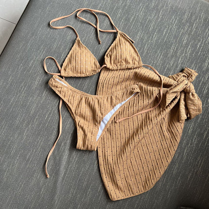 2025 European and American New Swimsuit Three-Piece Backless Drawstring Strap Bikini Bikini Three-Piece Swimsuit