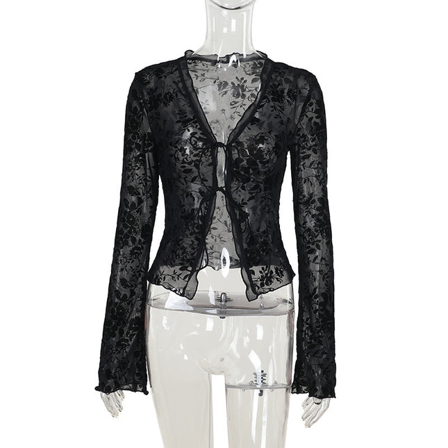 Sexy Hot Girl European and American Cross-Border Women's Solid Color Long Sleeve Lace Sheer Crop Top Fashion Sexy Nightclub Slim Fit Top