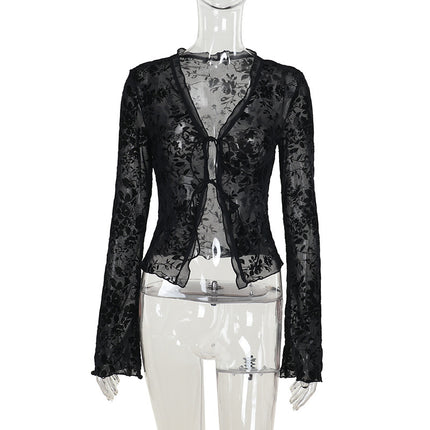 Sexy Hot Girl European and American Cross-Border Women's Solid Color Long Sleeve Lace Sheer Crop Top Fashion Sexy Nightclub Slim Fit Top