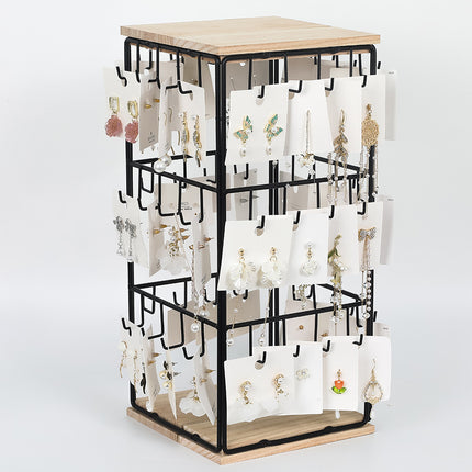 Cross-border Detachable Desktop Four-sided Square Jewelry Rack Wrought Iron Wooden Base Jewelry Earrings Earrings Display Storage Rack