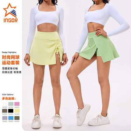 New Summer Fitness Running Sports Skirt Long Sleeve Top with Chest Pad Tennis Clothes Golf Tennis Skirt Women