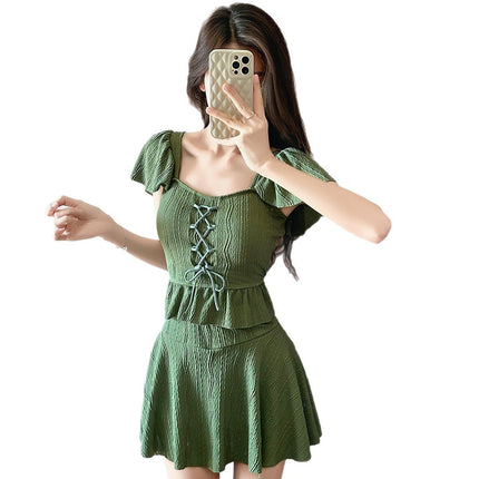 Women's Swimsuit 2025 New Pure Desire High Waist Slim Solid Color Separates Skirt Swimsuit Hot Spring Beach Swimsuit Wholesale