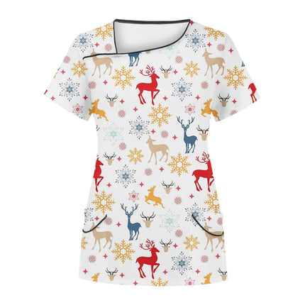 Cross-Border Aliexpress Amazon Women's Short-Sleeved Christmas Positioning Printed Flap Pocket Pants Top Scrub Clothes T-Shirt