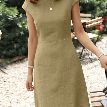 2023 Independent station Amazon new dress back zipper round neck solid color short sleeve cotton linen jumpsuit