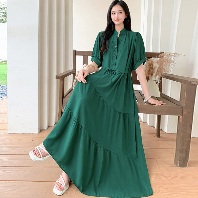 Cross-border chubby girl Super plus size Women's Dress Southeast Asian Short-sleeved Cotton Silk Large Swing Dress Mid-sleeved Beach Dress