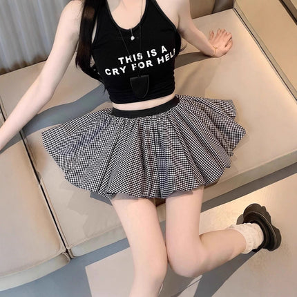 French-Style Color-Blocking Floral Bud Skirt for Women, Summer Petite Gray Plaid Short Skirt, Anti-Exposure A-Line Puffy Skirt