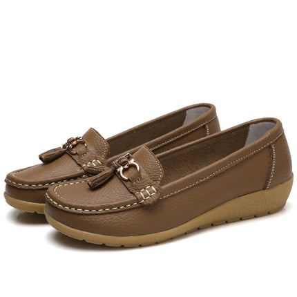 Summer Hollow New Leather Shoes for Middle-Aged and Elderly Mothers, Women's Single Shoes, Bean Shoes, Women's Soft-Soled Wedge-Heeled Clogs, Women's Shoes