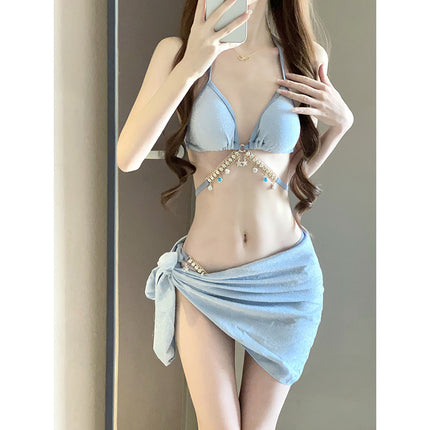 Swimsuit Female Mermaid Diamond Chain European and American Pure Lust Style Strap Triangle Bikini Three-Point Ins Sexy Vacation Swimsuit