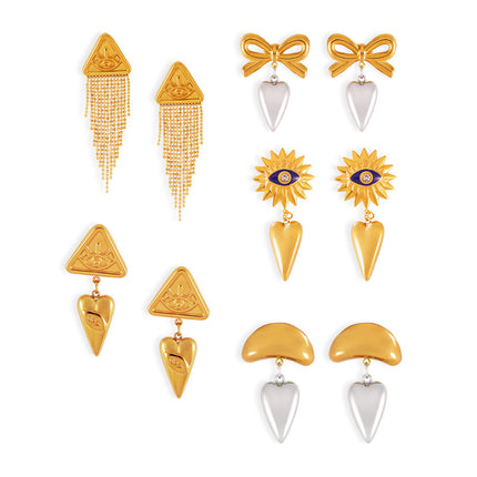 European and American Design Women's Hip Hop Personalized Trendy Titanium Steel Plated 18k Gold Geometric Devil's Eye Tassel Earrings suit