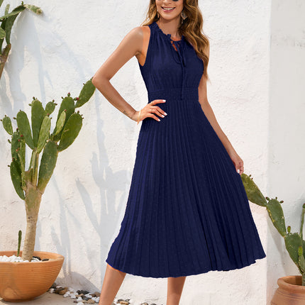 Amazon Cross-Border Lace-Up High-Waist Pleated Fur Ball Dress Sleeveless Summer Dress Casual Vacation Travel Dress