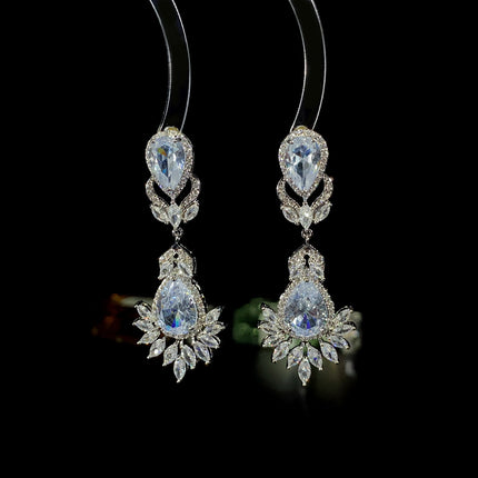 European and American Style Ins Retro Water Drop Zircon Earrings High-End Tassel Ear Clip Long Luxury Earrings Cross-Border Hot Style