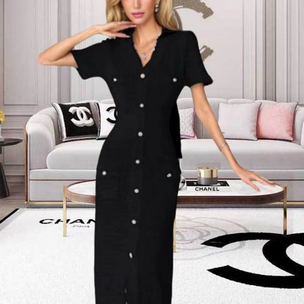 S Brand European and American Cross-Border Spring/Summer New V-Neck Short-Sleeve Dress 2026 French Socialite Women's Clothing Waist-Cinching Slit Long Dress