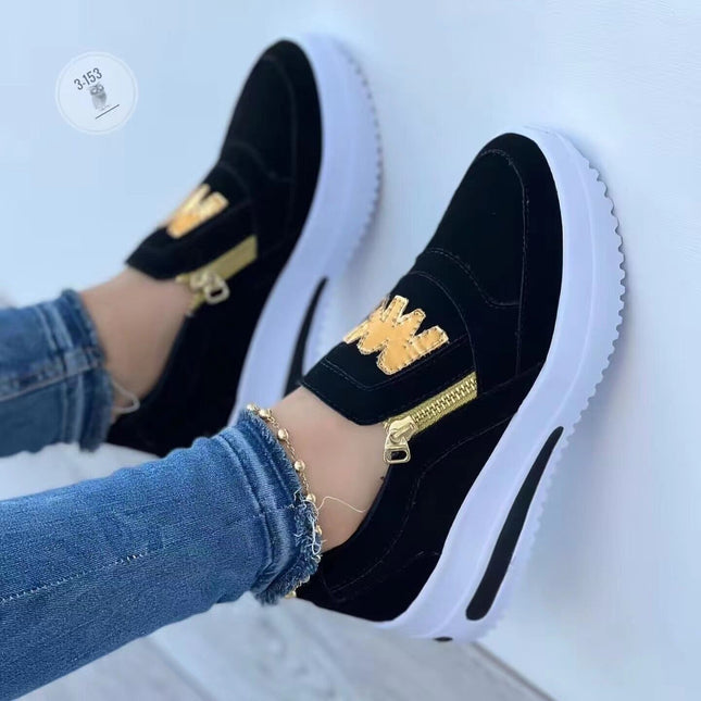 2022 Spring and Autumn New Foreign Trade Cross-border Large Size Sports Shoes Sponge Flat Side Zipper Solid Color Casual Sneakers