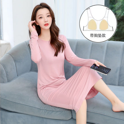 Autumn Modal Women's Dress Early Autumn Home Clothes with Chest Pad Outwear Long Dress Pajamas Over-the-Knee Long Sleeve Nightgown