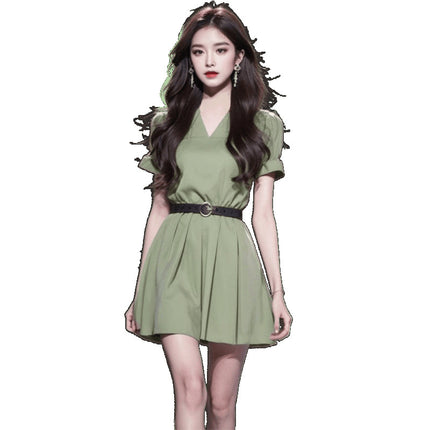 Cross-Border Summer Women's 2025 Fashionable and Chic Tea Break French Style Design Green V-Neck Short-Sleeved Dress