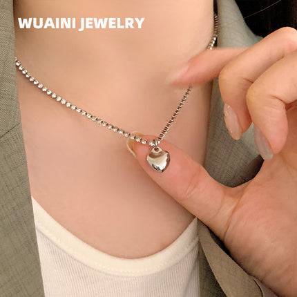Japanese and Korean Super Flash Zircon Heart Necklace for Women Ins Cool Style Niche Design Clavicle Chain Titanium Steel Electroplated 18K Gold