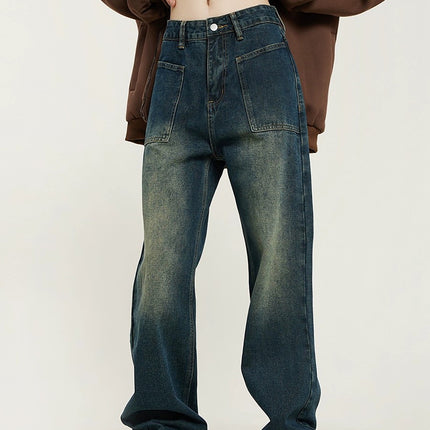 Vintage Mop Pants Girls Spring and Autumn Washed Old Straight Jeans Women's Loose High Street American Pants Ins
